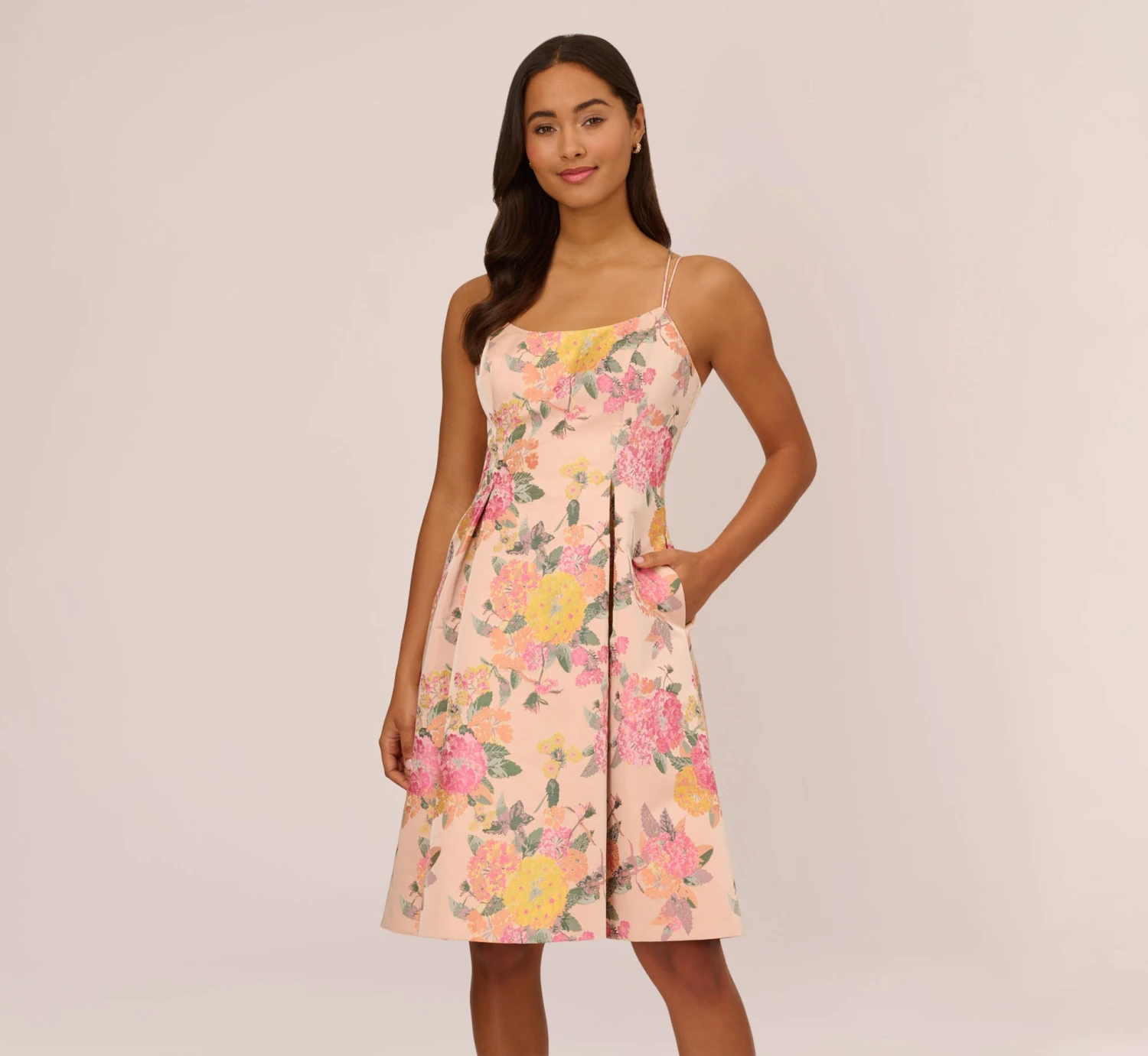 Adrianna Papell Floral Jacquard Dress With Pleated Details In Rose Multi 1 Adrianna Papell Floral Jacquard Dress With Pleated Details In Rose Multi