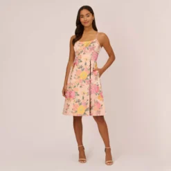 Adrianna Papell Floral Jacquard Dress With Pleated Details In Rose Multi 13 Adrianna Papell Floral Jacquard Dress With Pleated Details In Rose Multi -Glam Mirth Sales AP1D105001 AE590 Regular Front