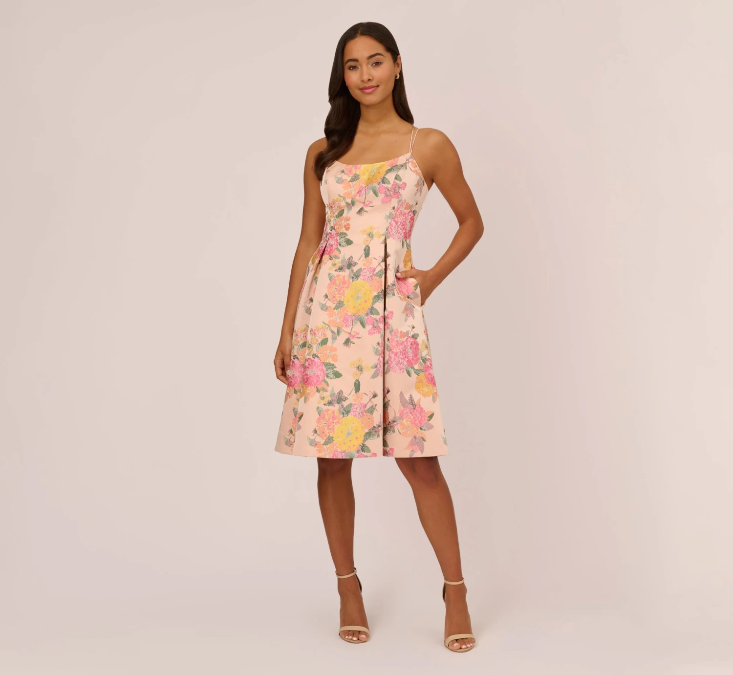 Adrianna Papell Floral Jacquard Dress With Pleated Details In Rose Multi 6 Adrianna Papell Floral Jacquard Dress With Pleated Details In Rose Multi - Image 6