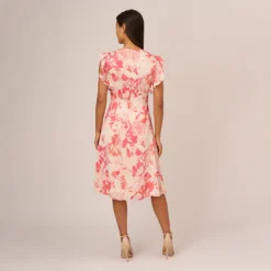 Adrianna Papell Floral Printed Midi Dress With Flutter Sleeves In Coral Ecru 11 Adrianna Papell Floral Printed Midi Dress With Flutter Sleeves In Coral Ecru -Glam Mirth Sales AP1D105004 AE952 Regular Back
