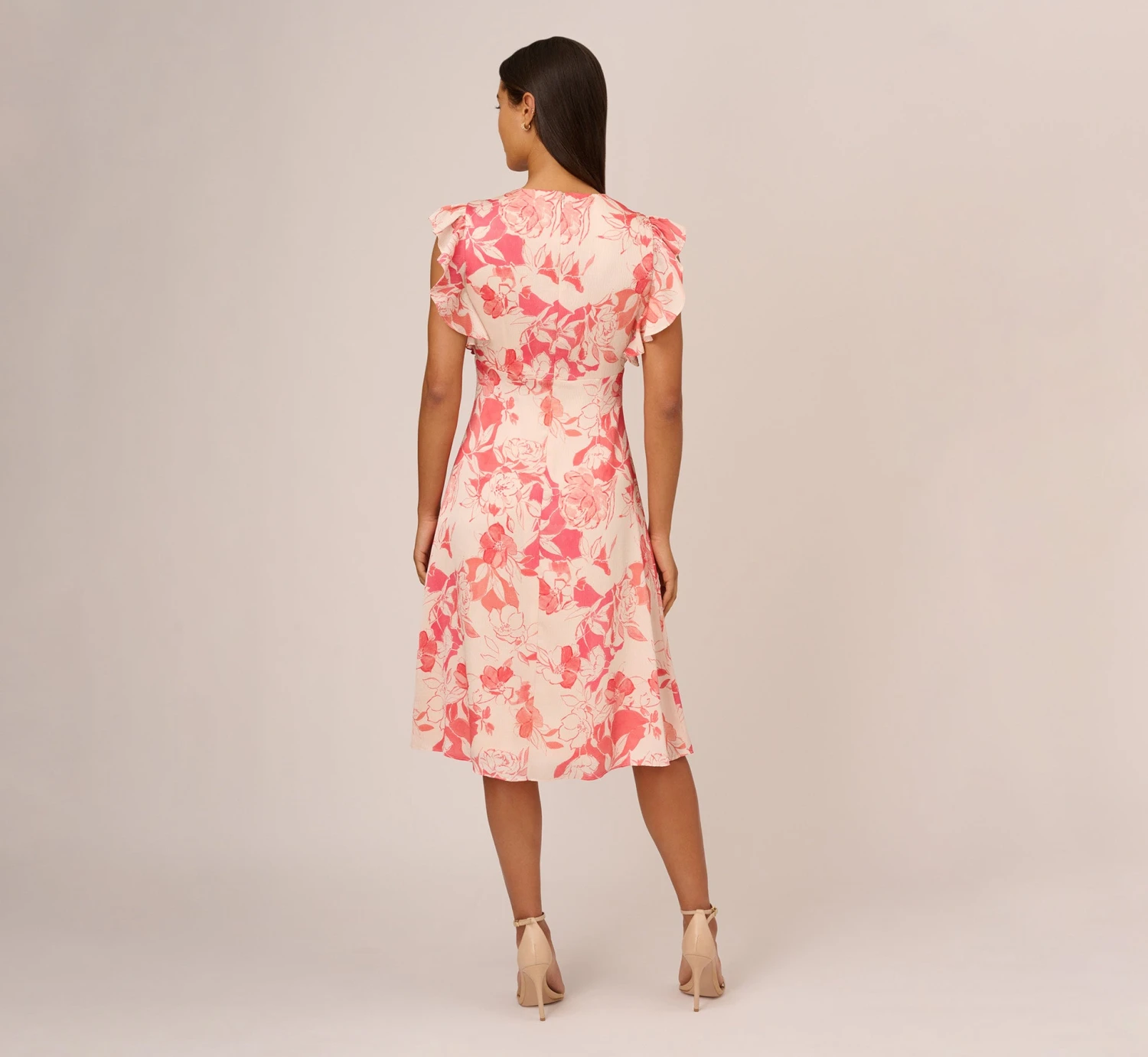 Adrianna Papell Floral Printed Midi Dress With Flutter Sleeves In Coral Ecru 3 Adrianna Papell Floral Printed Midi Dress With Flutter Sleeves In Coral Ecru - Image 3