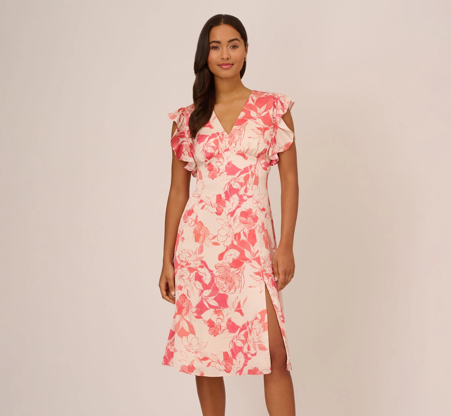 Adrianna Papell Floral Printed Midi Dress With Flutter Sleeves In Coral Ecru 1 Adrianna Papell Floral Printed Midi Dress With Flutter Sleeves In Coral Ecru