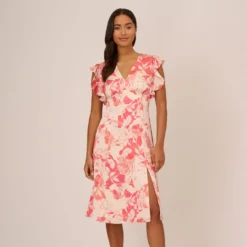 Adrianna Papell Floral Printed Midi Dress With Flutter Sleeves In Coral Ecru 17 Adrianna Papell Floral Printed Midi Dress With Flutter Sleeves In Coral Ecru -Glam Mirth Sales AP1D105004 AE952 Regular Default c4694982 5b80 48df 8a87 c9a353493923