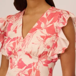 Adrianna Papell Floral Printed Midi Dress With Flutter Sleeves In Coral Ecru 14 Adrianna Papell Floral Printed Midi Dress With Flutter Sleeves In Coral Ecru -Glam Mirth Sales AP1D105004 AE952 Regular Detail