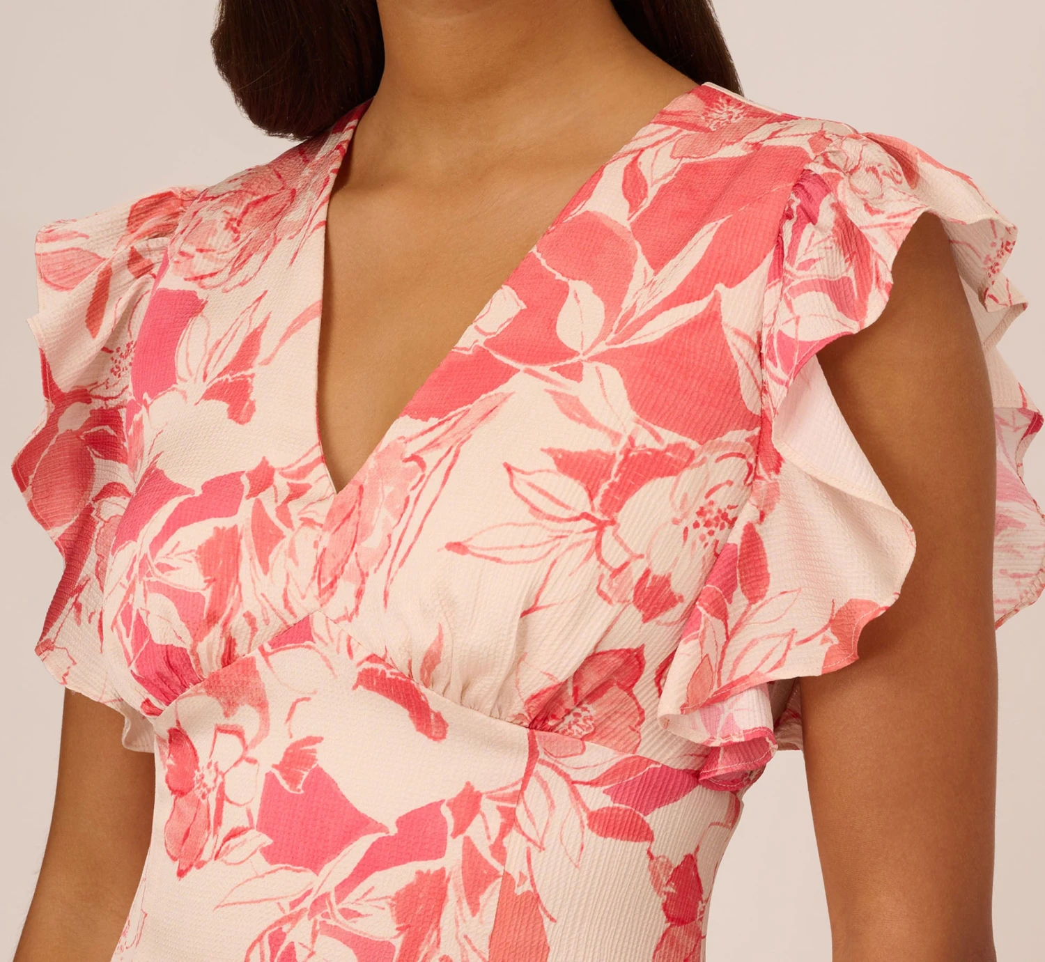 Adrianna Papell Floral Printed Midi Dress With Flutter Sleeves In Coral Ecru 6 Adrianna Papell Floral Printed Midi Dress With Flutter Sleeves In Coral Ecru - Image 6