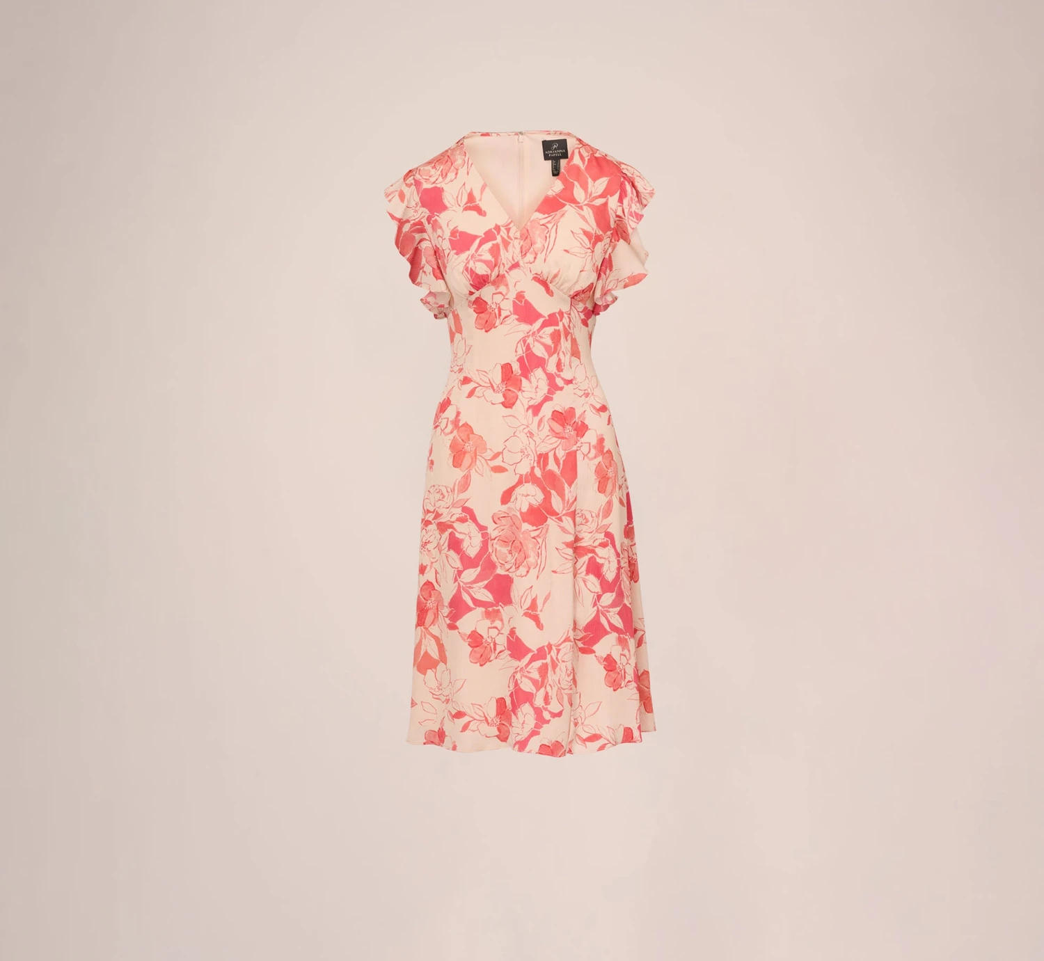 Adrianna Papell Floral Printed Midi Dress With Flutter Sleeves In Coral Ecru 5 Adrianna Papell Floral Printed Midi Dress With Flutter Sleeves In Coral Ecru - Image 5