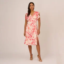 Adrianna Papell Floral Printed Midi Dress With Flutter Sleeves In Coral Ecru 15 Adrianna Papell Floral Printed Midi Dress With Flutter Sleeves In Coral Ecru -Glam Mirth Sales AP1D105004 AE952 Regular Front