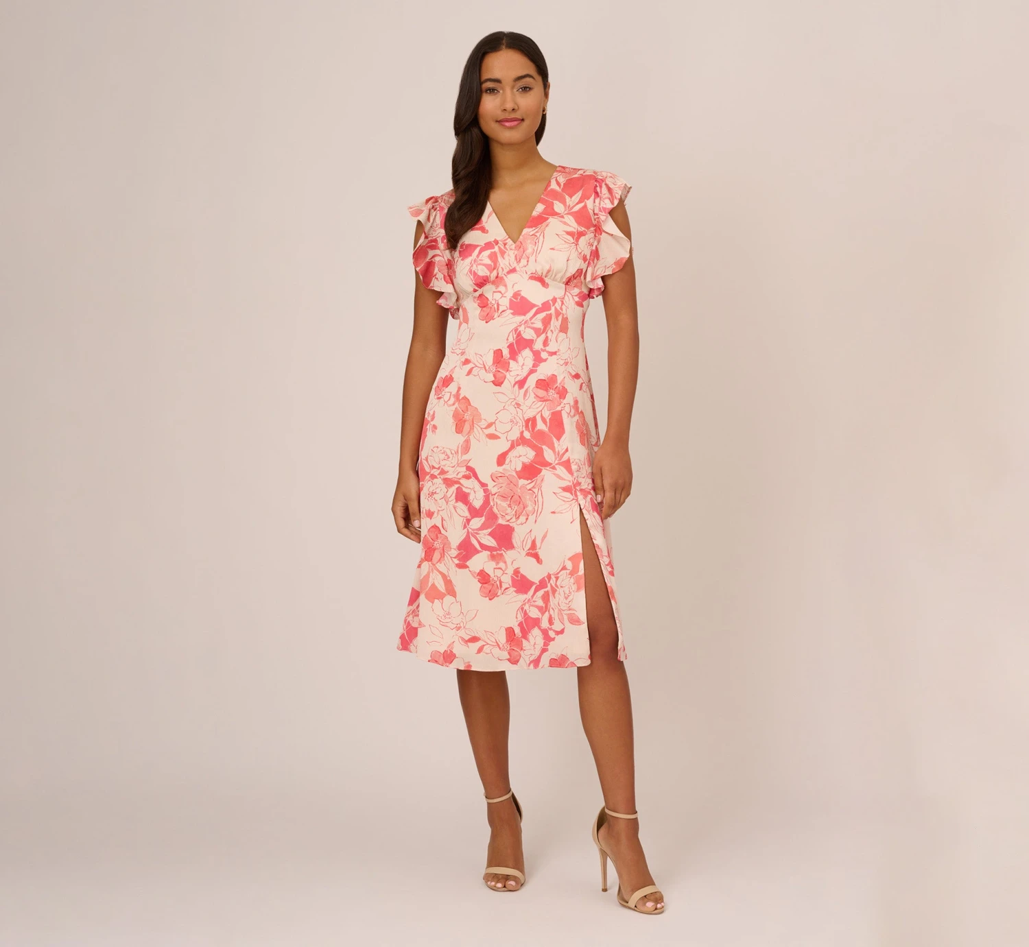 Adrianna Papell Floral Printed Midi Dress With Flutter Sleeves In Coral Ecru 7 Adrianna Papell Floral Printed Midi Dress With Flutter Sleeves In Coral Ecru - Image 7