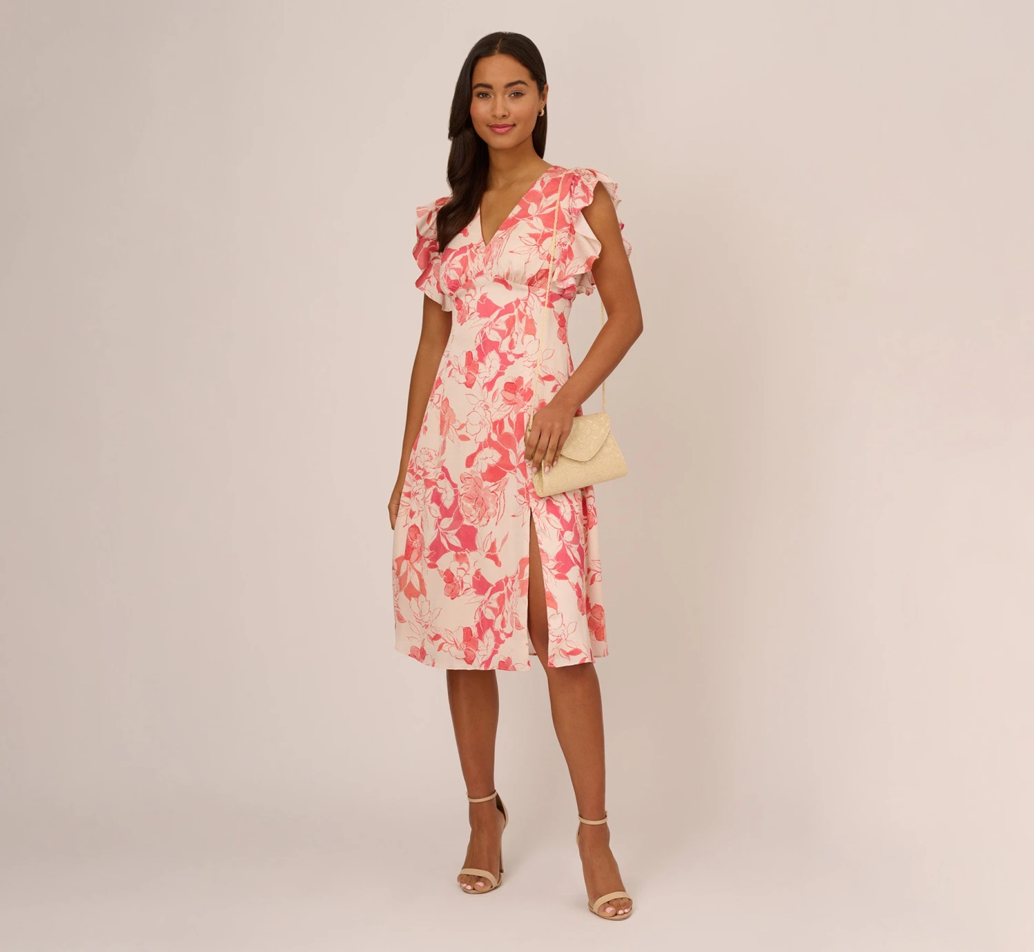 Adrianna Papell Floral Printed Midi Dress With Flutter Sleeves In Coral Ecru 2 Adrianna Papell Floral Printed Midi Dress With Flutter Sleeves In Coral Ecru - Image 2