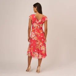 Adrianna Papell Floral Print Midi Dress With Twist Neckline In Coral Multi 10 Adrianna Papell Floral Print Midi Dress With Twist Neckline In Coral Multi -Glam Mirth Sales AP1D105006 AA955 Regular Back