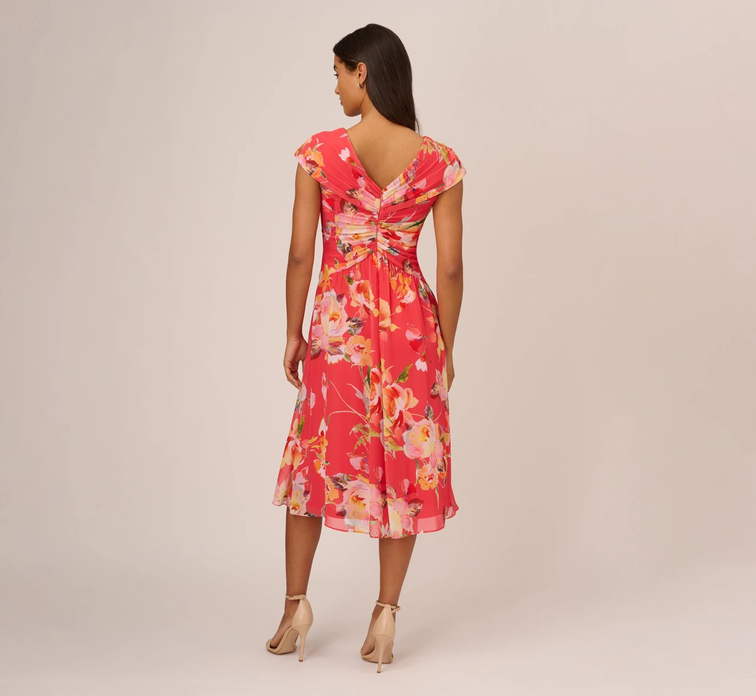 Adrianna Papell Floral Print Midi Dress With Twist Neckline In Coral Multi 3 Adrianna Papell Floral Print Midi Dress With Twist Neckline In Coral Multi - Image 3