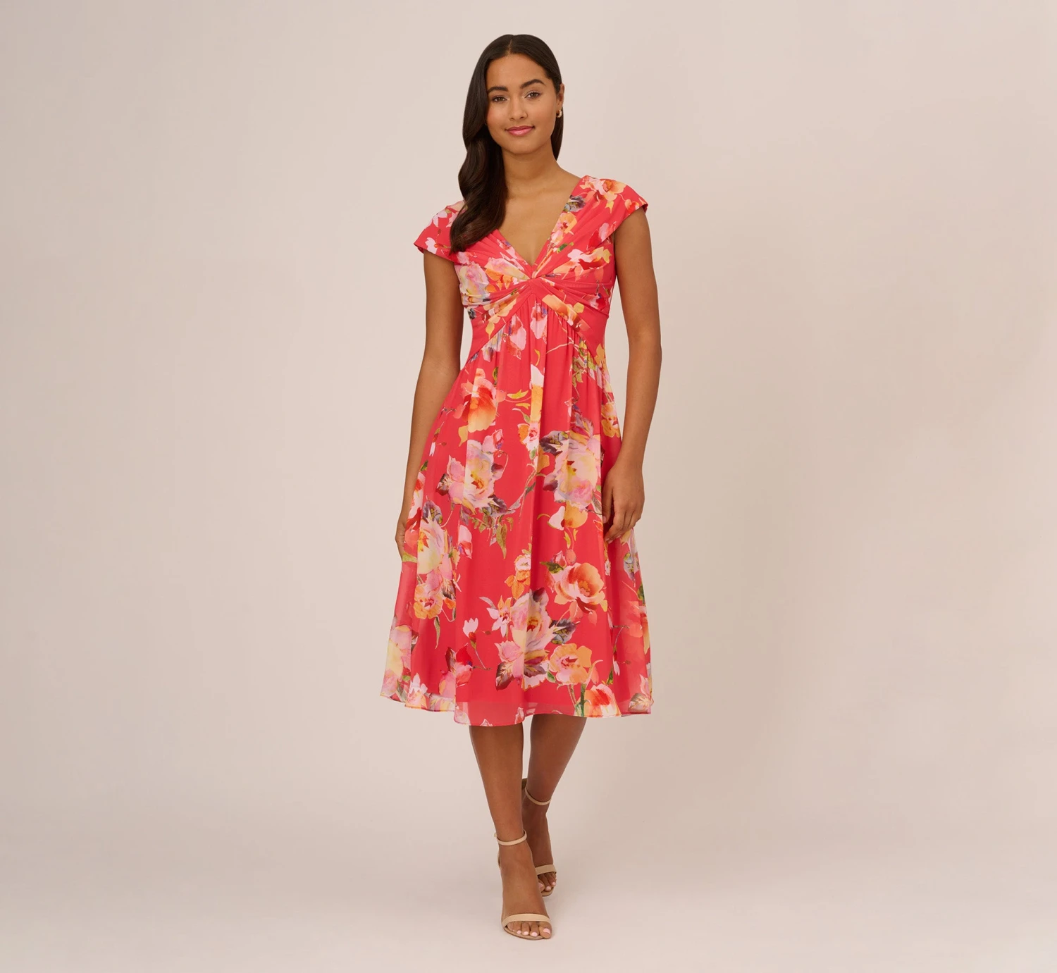 Adrianna Papell Floral Print Midi Dress With Twist Neckline In Coral Multi 8 Adrianna Papell Floral Print Midi Dress With Twist Neckline In Coral Multi - Image 8