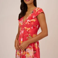 Adrianna Papell Floral Print Midi Dress With Twist Neckline In Coral Multi 13 Adrianna Papell Floral Print Midi Dress With Twist Neckline In Coral Multi -Glam Mirth Sales AP1D105006 AA955 Regular Detail