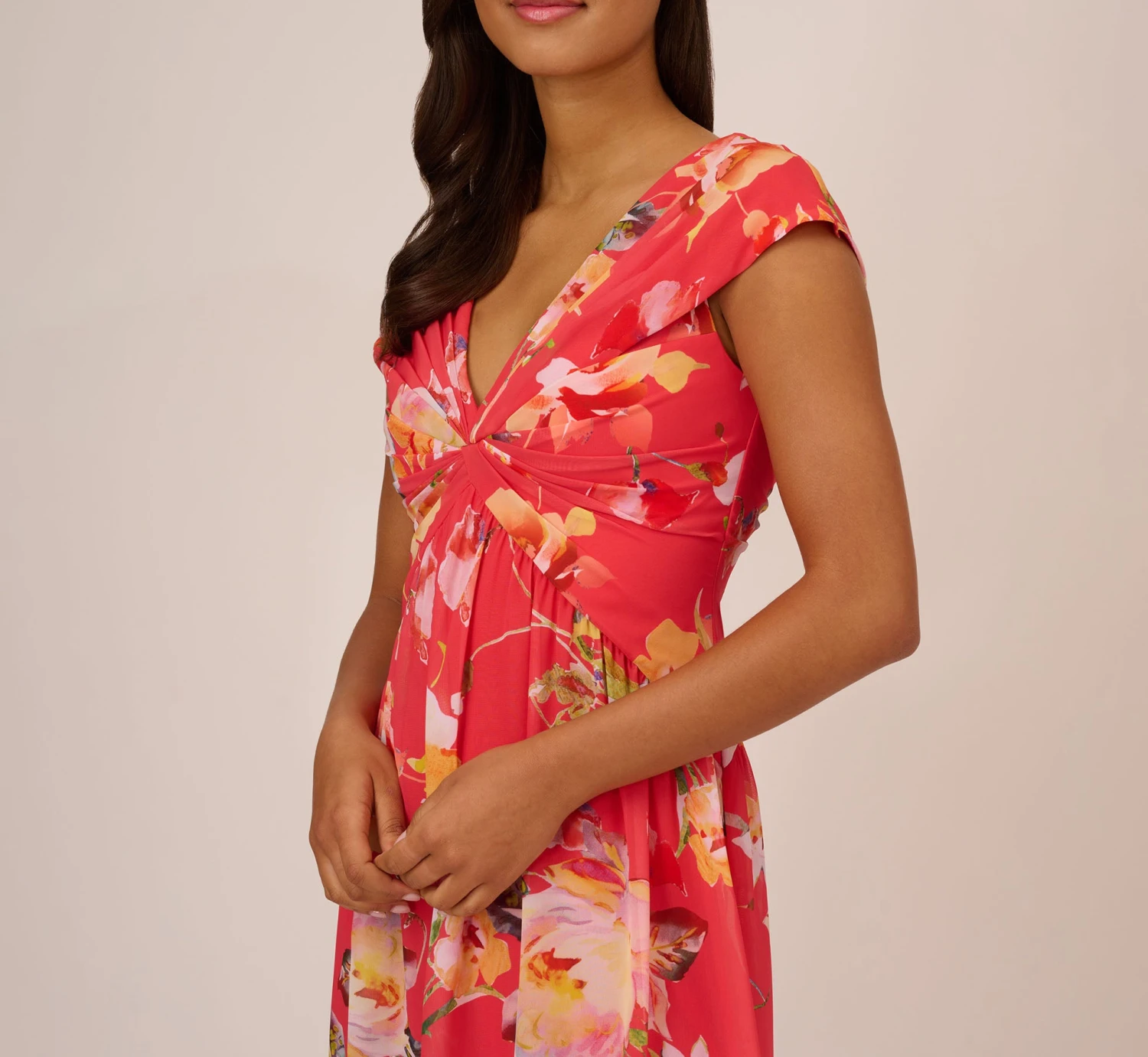 Adrianna Papell Floral Print Midi Dress With Twist Neckline In Coral Multi 6 Adrianna Papell Floral Print Midi Dress With Twist Neckline In Coral Multi - Image 6