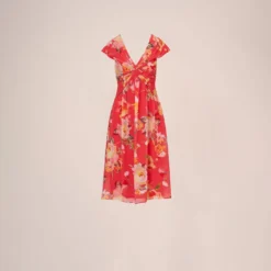 Adrianna Papell Floral Print Midi Dress With Twist Neckline In Coral Multi 12 Adrianna Papell Floral Print Midi Dress With Twist Neckline In Coral Multi -Glam Mirth Sales AP1D105006 AA955 Regular Flat