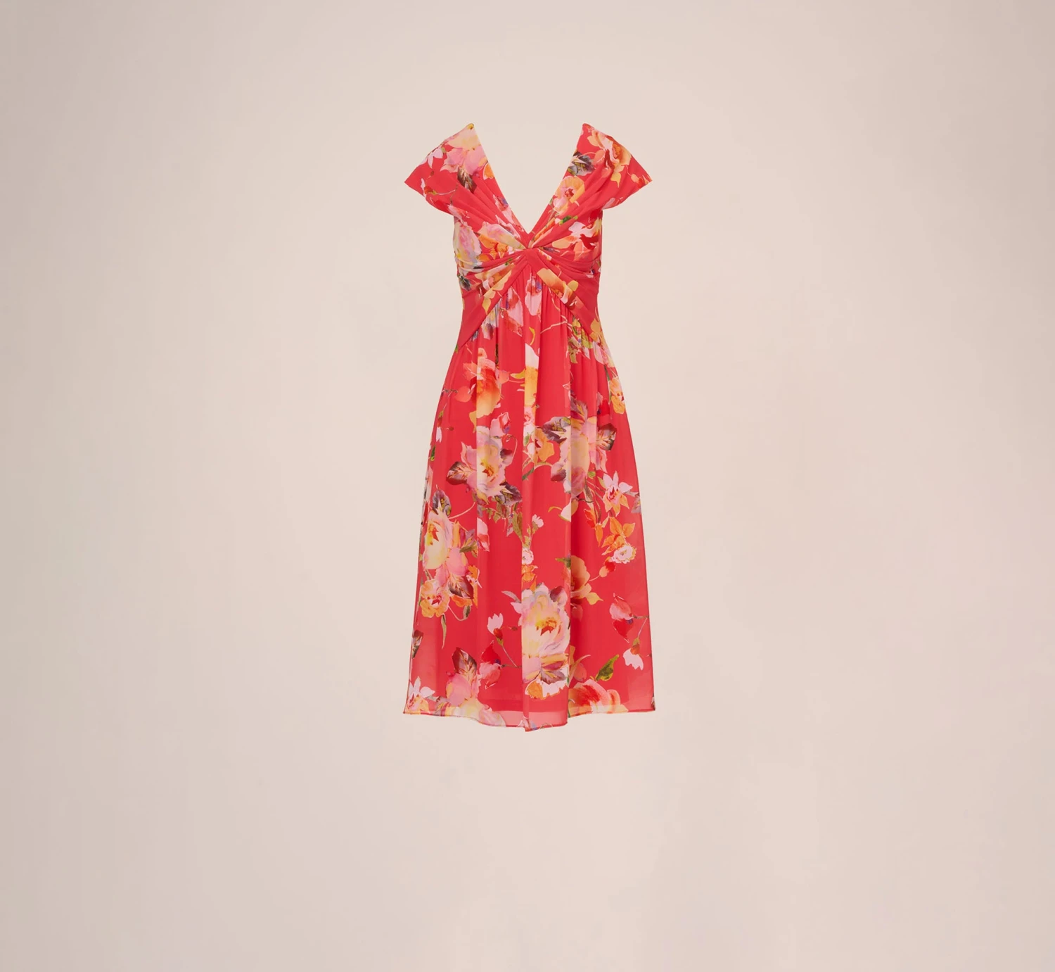 Adrianna Papell Floral Print Midi Dress With Twist Neckline In Coral Multi 5 Adrianna Papell Floral Print Midi Dress With Twist Neckline In Coral Multi - Image 5