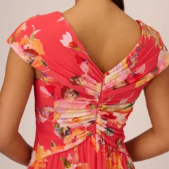 Adrianna Papell Floral Print Midi Dress With Twist Neckline In Coral Multi 14 Adrianna Papell Floral Print Midi Dress With Twist Neckline In Coral Multi -Glam Mirth Sales AP1D105006 AA955 Regular Lifestyle