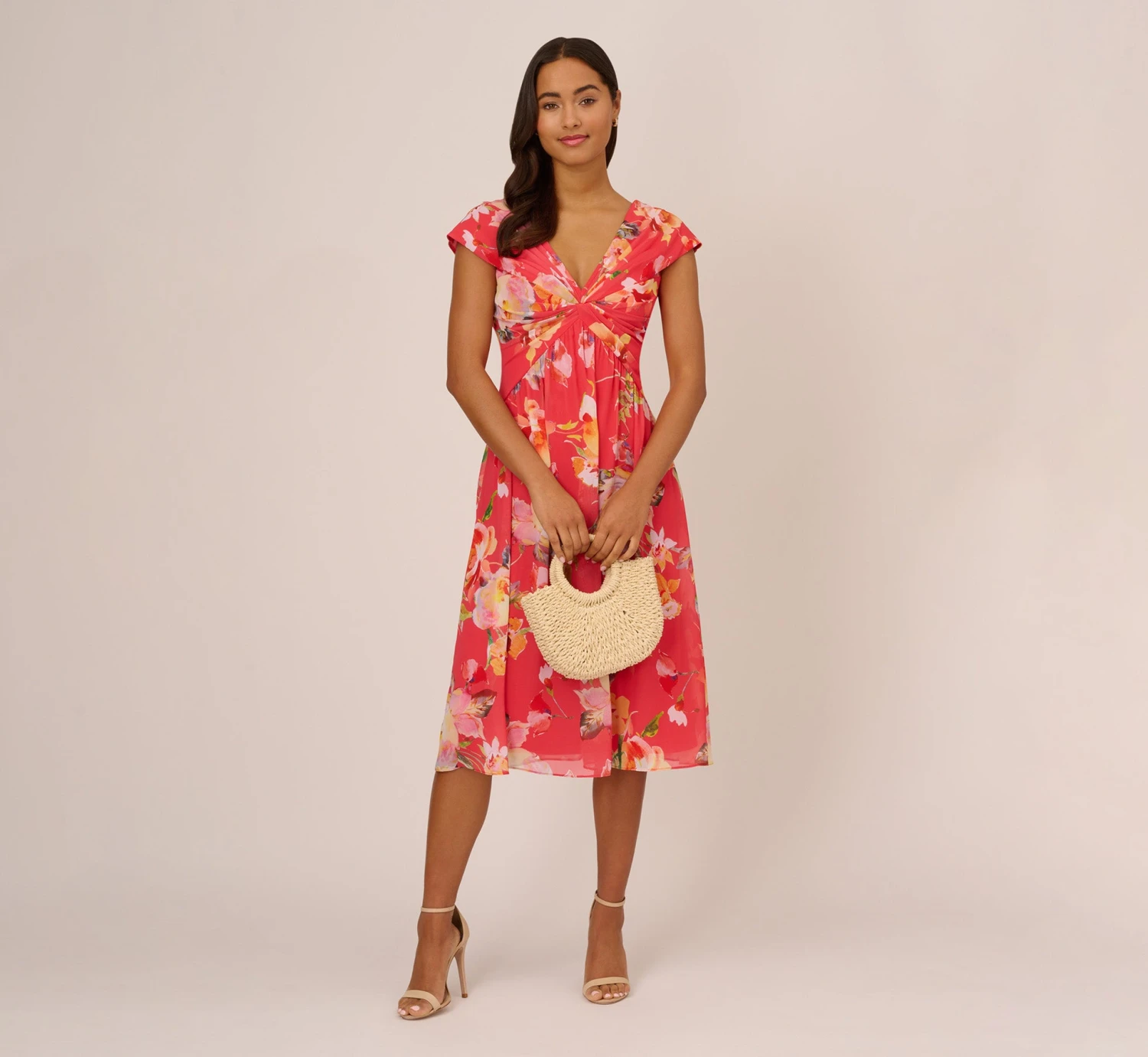 Adrianna Papell Floral Print Midi Dress With Twist Neckline In Coral Multi 1 Adrianna Papell Floral Print Midi Dress With Twist Neckline In Coral Multi