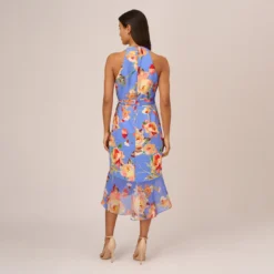 Adrianna Papell Floral Print Faux Wrap Halter Dress With Ruffle Details In Peri Multi 11 Adrianna Papell Floral Print Faux Wrap Halter Dress With Ruffle Details In Peri Multi -Glam Mirth Sales AP1D105007 AC494 Regular Back
