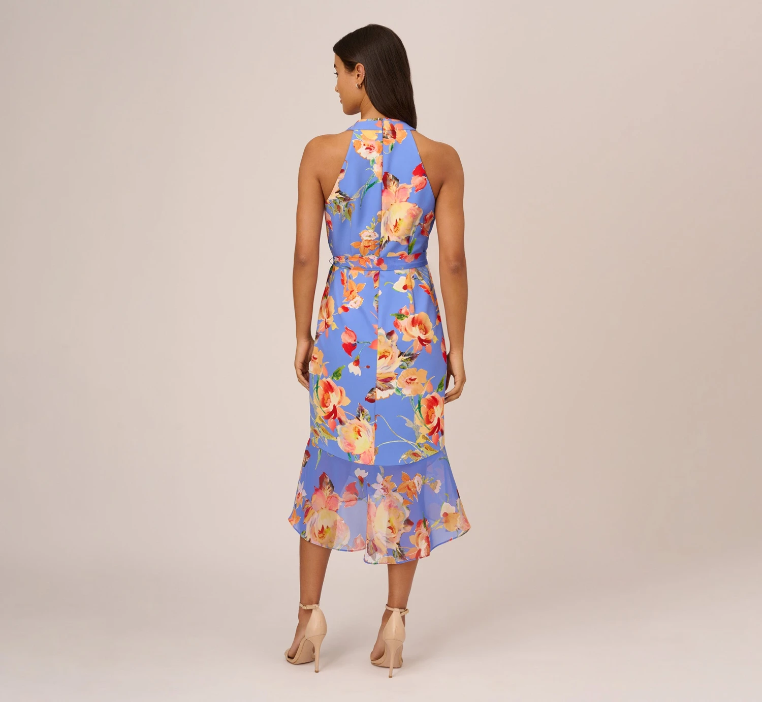 Adrianna Papell Floral Print Faux Wrap Halter Dress With Ruffle Details In Peri Multi 4 Adrianna Papell Floral Print Faux Wrap Halter Dress With Ruffle Details In Peri Multi - Image 4