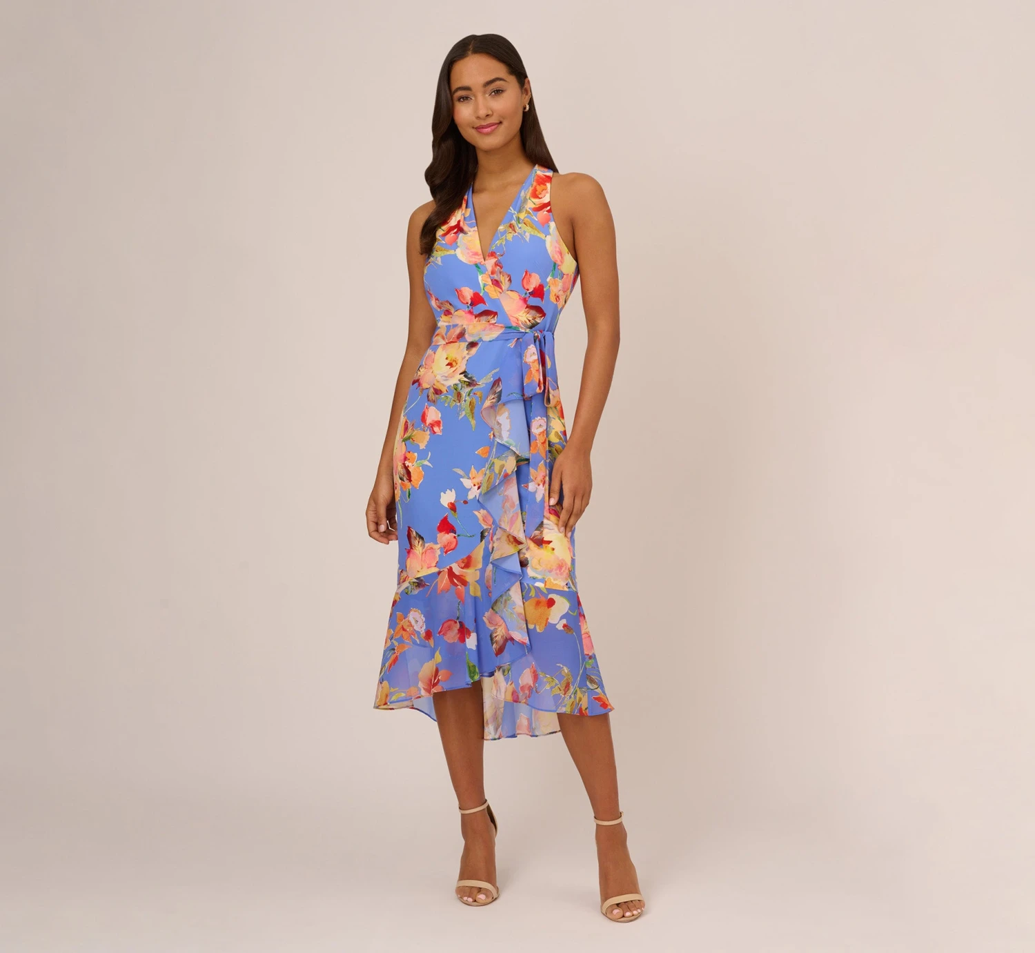 Adrianna Papell Floral Print Faux Wrap Halter Dress With Ruffle Details In Peri Multi 8 Adrianna Papell Floral Print Faux Wrap Halter Dress With Ruffle Details In Peri Multi - Image 8