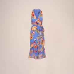 Adrianna Papell Floral Print Faux Wrap Halter Dress With Ruffle Details In Peri Multi 14 Adrianna Papell Floral Print Faux Wrap Halter Dress With Ruffle Details In Peri Multi -Glam Mirth Sales AP1D105007 AC494 Regular Flat