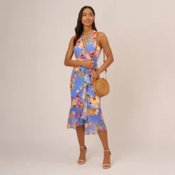 Adrianna Papell Floral Print Faux Wrap Halter Dress With Ruffle Details In Peri Multi