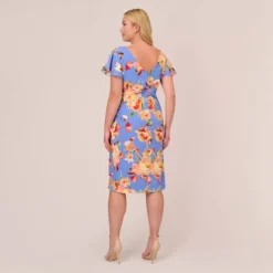 Adrianna Papell Plus Size Flutter Sleeve Floral Print Dress With Tie Front In Peri Multi 9 Adrianna Papell Plus Size Flutter Sleeve Floral Print Dress With Tie Front In Peri Multi -Glam Mirth Sales AP1D105008 AC494 Plus Back
