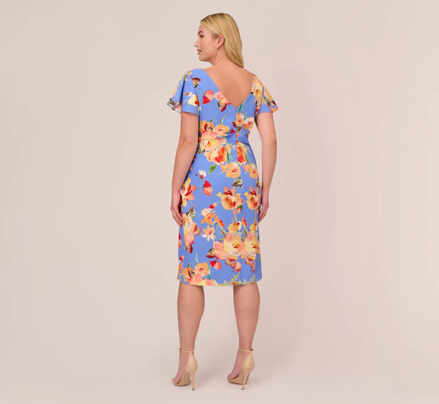 Adrianna Papell Plus Size Flutter Sleeve Floral Print Dress With Tie Front In Peri Multi 4 Adrianna Papell Plus Size Flutter Sleeve Floral Print Dress With Tie Front In Peri Multi - Image 4
