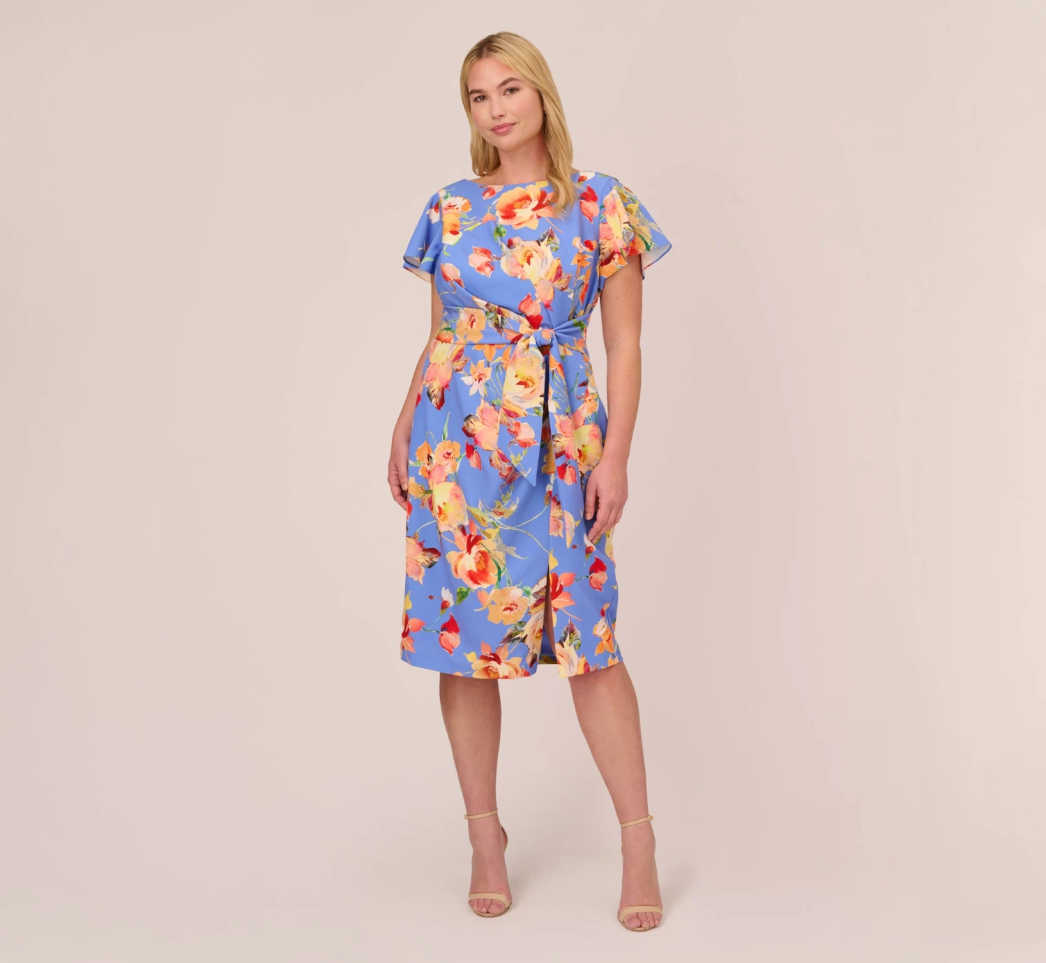 Adrianna Papell Plus Size Flutter Sleeve Floral Print Dress With Tie Front In Peri Multi 1 Adrianna Papell Plus Size Flutter Sleeve Floral Print Dress With Tie Front In Peri Multi
