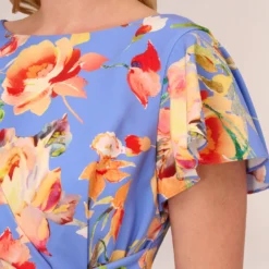 Adrianna Papell Plus Size Flutter Sleeve Floral Print Dress With Tie Front In Peri Multi 10 Adrianna Papell Plus Size Flutter Sleeve Floral Print Dress With Tie Front In Peri Multi -Glam Mirth Sales AP1D105008 AC494 Plus Detail