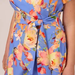 Adrianna Papell Plus Size Flutter Sleeve Floral Print Dress With Tie Front In Peri Multi 8 Adrianna Papell Plus Size Flutter Sleeve Floral Print Dress With Tie Front In Peri Multi -Glam Mirth Sales AP1D105008 AC494 Plus Lifestyle