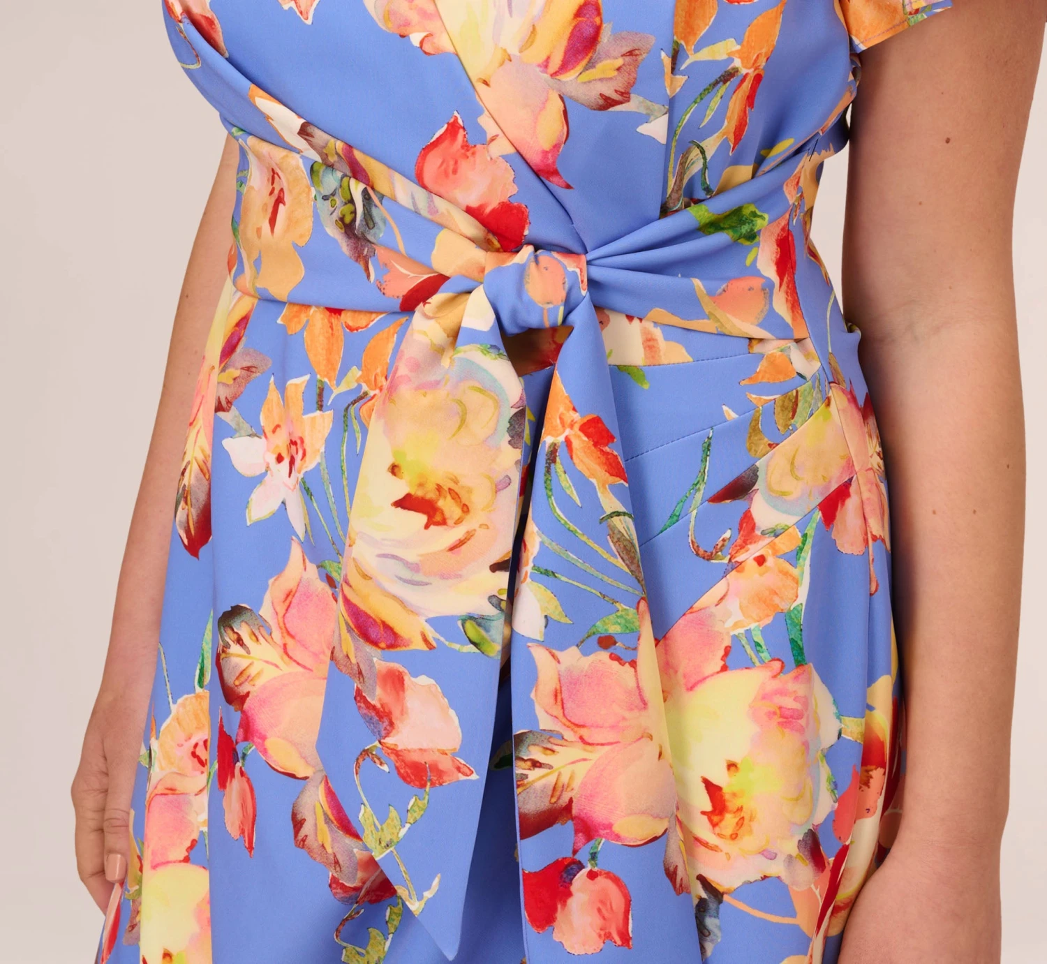 Adrianna Papell Plus Size Flutter Sleeve Floral Print Dress With Tie Front In Peri Multi 3 Adrianna Papell Plus Size Flutter Sleeve Floral Print Dress With Tie Front In Peri Multi - Image 3
