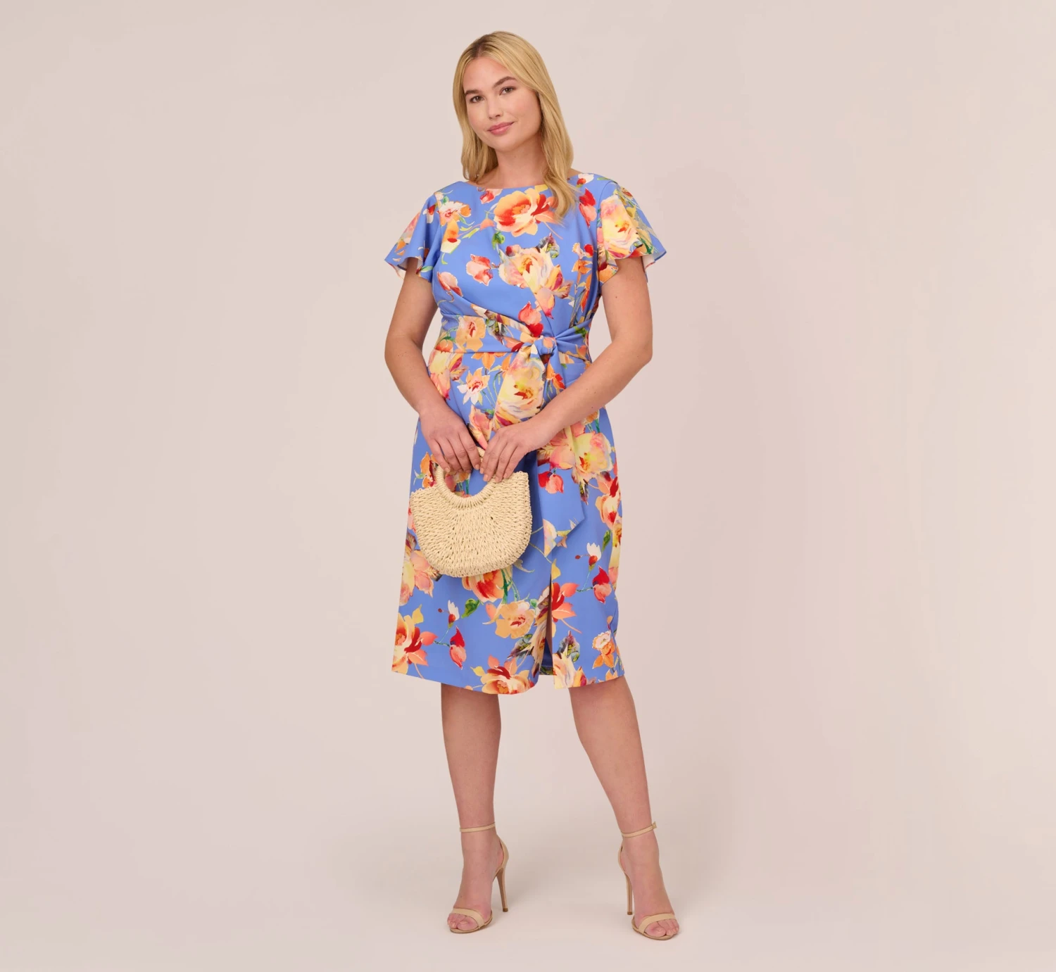 Adrianna Papell Plus Size Flutter Sleeve Floral Print Dress With Tie Front In Peri Multi 2 Adrianna Papell Plus Size Flutter Sleeve Floral Print Dress With Tie Front In Peri Multi - Image 2