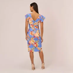 Adrianna Papell Flutter Sleeve Floral Print Dress With Tie Front In Peri Multi 10 Adrianna Papell Flutter Sleeve Floral Print Dress With Tie Front In Peri Multi -Glam Mirth Sales AP1D105008 AC494 Regular Back