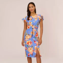 Adrianna Papell Flutter Sleeve Floral Print Dress With Tie Front In Peri Multi