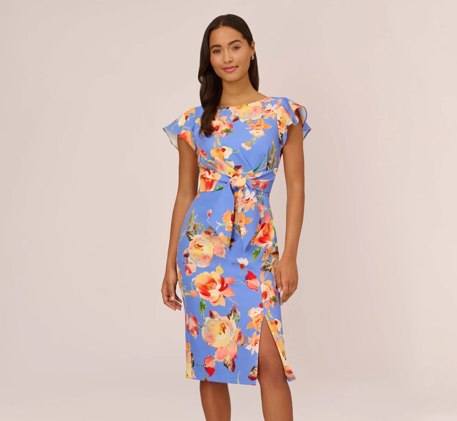 Adrianna Papell Flutter Sleeve Floral Print Dress With Tie Front In Peri Multi 1 Adrianna Papell Flutter Sleeve Floral Print Dress With Tie Front In Peri Multi