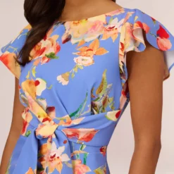 Adrianna Papell Flutter Sleeve Floral Print Dress With Tie Front In Peri Multi 11 Adrianna Papell Flutter Sleeve Floral Print Dress With Tie Front In Peri Multi -Glam Mirth Sales AP1D105008 AC494 Regular Detail
