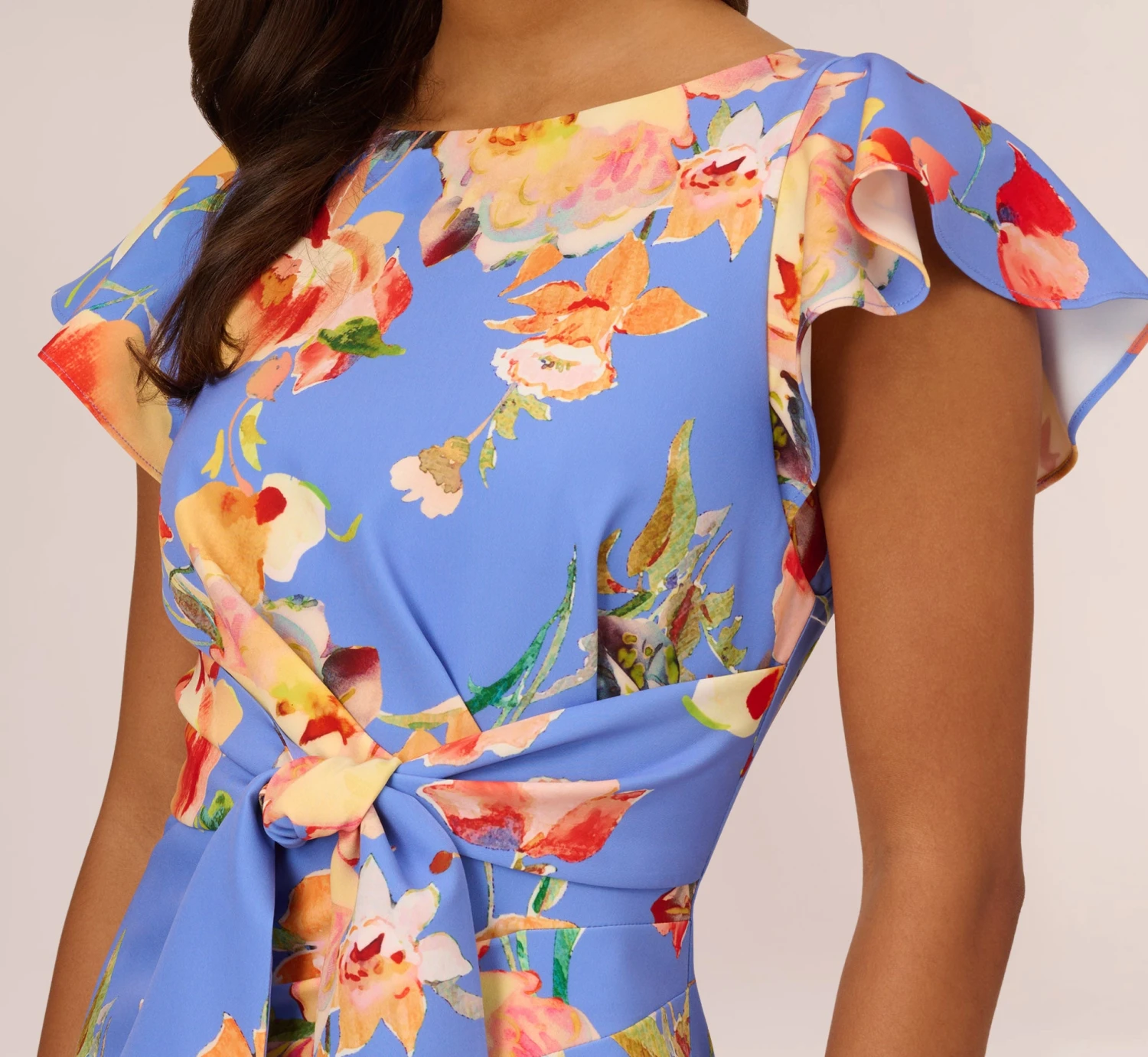 Adrianna Papell Flutter Sleeve Floral Print Dress With Tie Front In Peri Multi 5 Adrianna Papell Flutter Sleeve Floral Print Dress With Tie Front In Peri Multi - Image 5