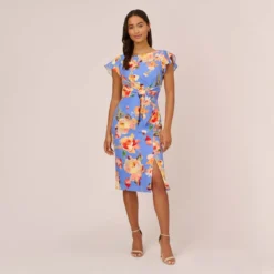 Adrianna Papell Flutter Sleeve Floral Print Dress With Tie Front In Peri Multi 13 Adrianna Papell Flutter Sleeve Floral Print Dress With Tie Front In Peri Multi -Glam Mirth Sales AP1D105008 AC494 Regular Front