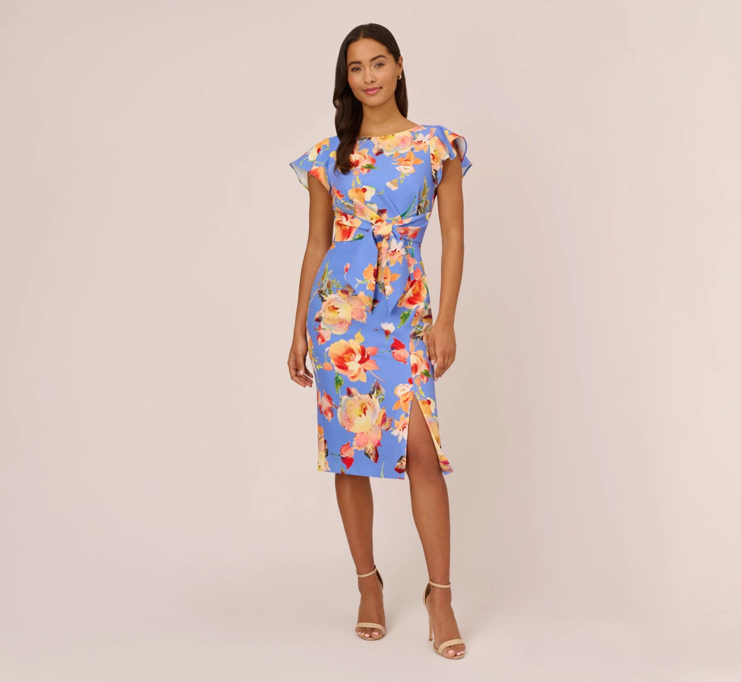 Adrianna Papell Flutter Sleeve Floral Print Dress With Tie Front In Peri Multi 7 Adrianna Papell Flutter Sleeve Floral Print Dress With Tie Front In Peri Multi - Image 7