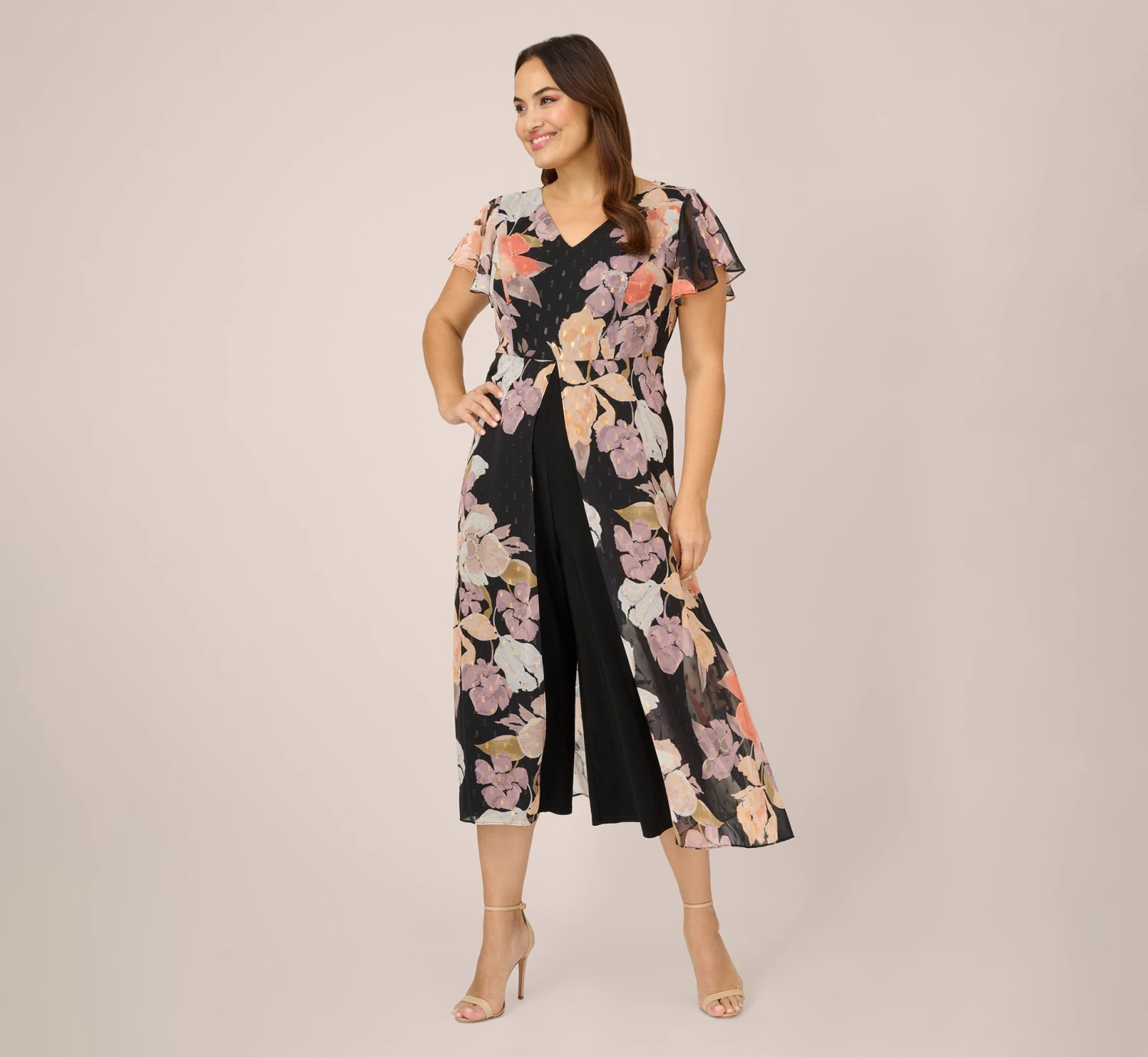 Adrianna Papell Plus Size Floral-Print Chiffon And Jersey Cropped Jumpsuit In Black Multi 2 Adrianna Papell Plus Size Floral-Print Chiffon And Jersey Cropped Jumpsuit In Black Multi - Image 2