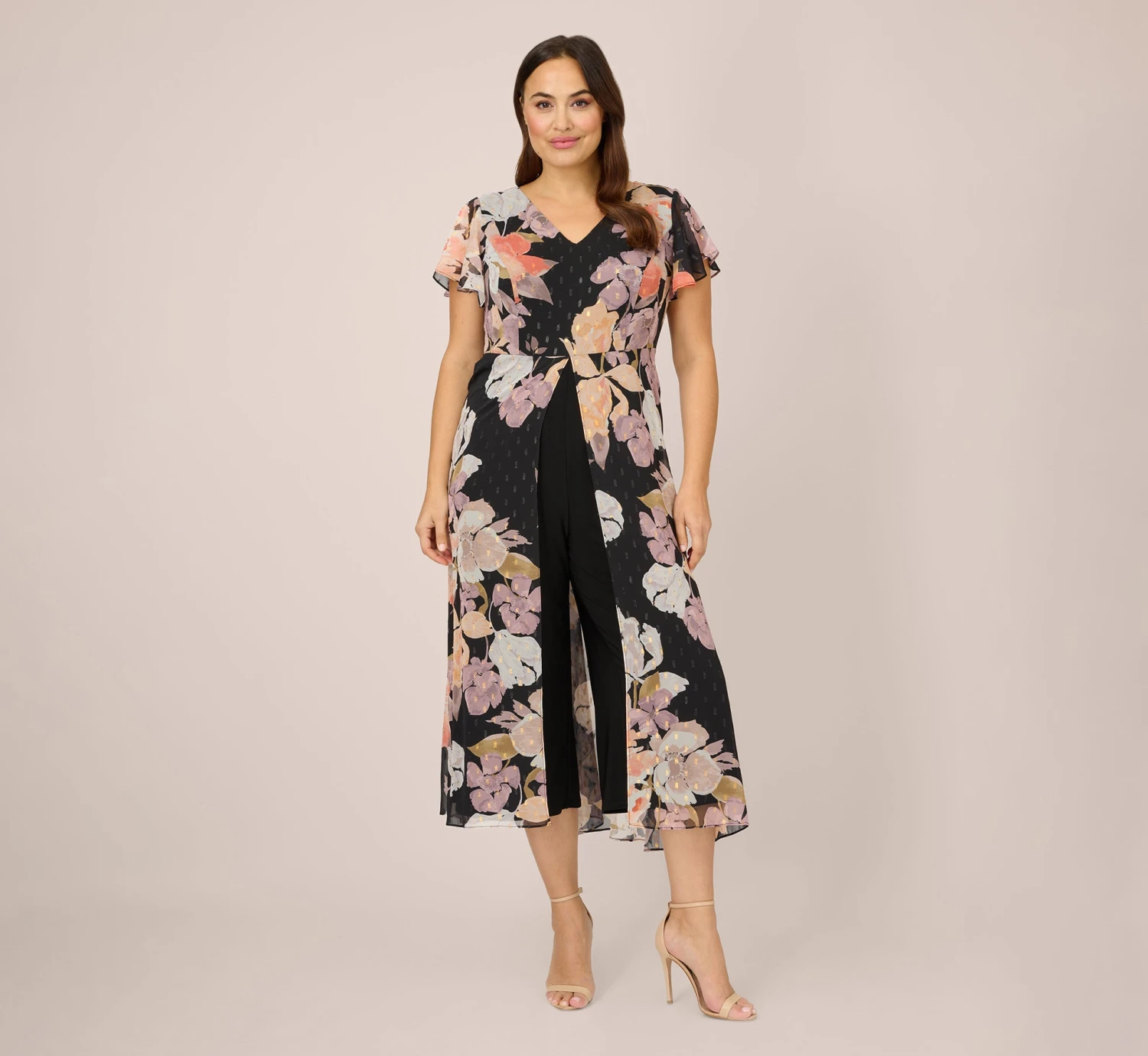 Adrianna Papell Plus Size Floral-Print Chiffon And Jersey Cropped Jumpsuit In Black Multi 1 Adrianna Papell Plus Size Floral-Print Chiffon And Jersey Cropped Jumpsuit In Black Multi