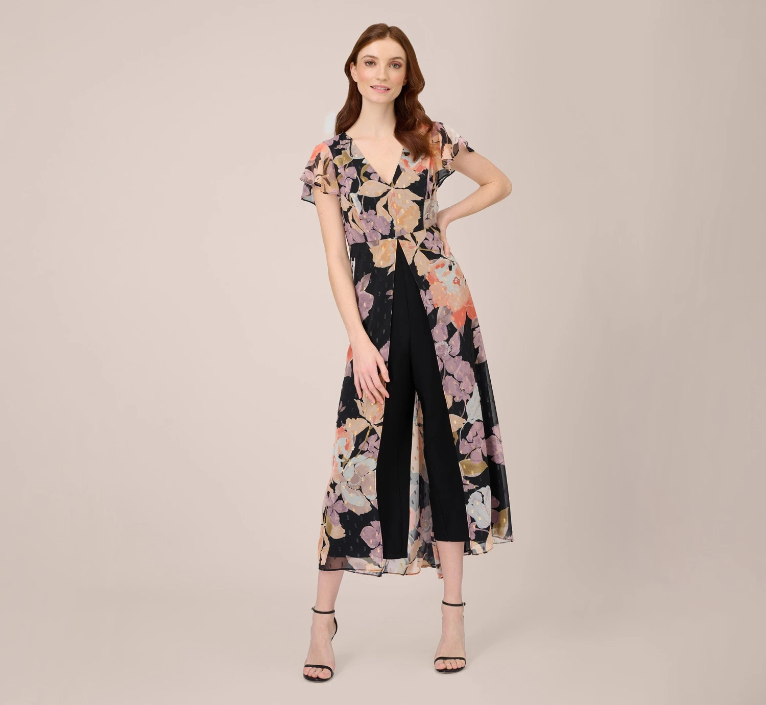 Adrianna Papell Floral-Print Chiffon And Jersey Cropped Jumpsuit In Black Multi 1 Adrianna Papell Floral-Print Chiffon And Jersey Cropped Jumpsuit In Black Multi