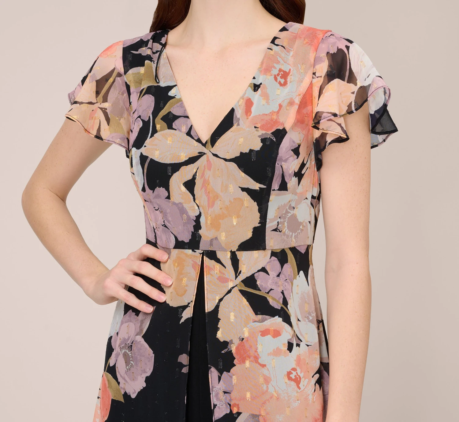 Adrianna Papell Floral-Print Chiffon And Jersey Cropped Jumpsuit In Black Multi 2 Adrianna Papell Floral-Print Chiffon And Jersey Cropped Jumpsuit In Black Multi - Image 2