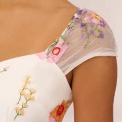 Adrianna Papell Multicolor Floral Embroidered Dress With Sheer Cap Sleeves In Ivory Multi -Glam Mirth Sales AP1D105015 AA178 Regular Lifestyle