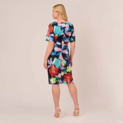 Adrianna Papell Plus Size Floral Knotted Sheath Dress With Elbow-Length Sleeves In Dark Navy Multi 9 Adrianna Papell Plus Size Floral Knotted Sheath Dress With Elbow-Length Sleeves In Dark Navy Multi -Glam Mirth Sales AP1D105033 BF410 Plus Back