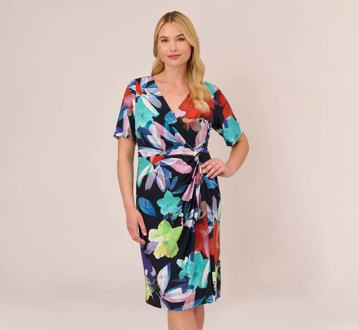 Adrianna Papell Plus Size Floral Knotted Sheath Dress With Elbow-Length Sleeves In Dark Navy Multi 1 Adrianna Papell Plus Size Floral Knotted Sheath Dress With Elbow-Length Sleeves In Dark Navy Multi