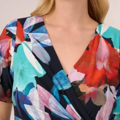 Adrianna Papell Plus Size Floral Knotted Sheath Dress With Elbow-Length Sleeves In Dark Navy Multi 11 Adrianna Papell Plus Size Floral Knotted Sheath Dress With Elbow-Length Sleeves In Dark Navy Multi -Glam Mirth Sales AP1D105033 BF410 Plus Detail