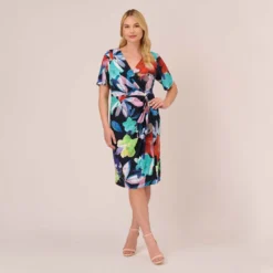 Adrianna Papell Plus Size Floral Knotted Sheath Dress With Elbow-Length Sleeves In Dark Navy Multi 12 Adrianna Papell Plus Size Floral Knotted Sheath Dress With Elbow-Length Sleeves In Dark Navy Multi -Glam Mirth Sales AP1D105033 BF410 Plus Front